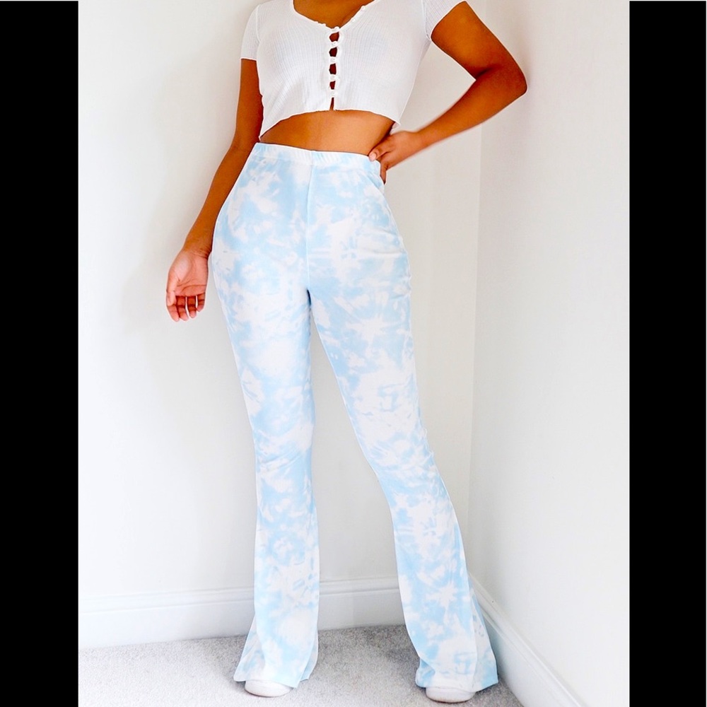 PrettyLittleThing Blue Tie Dye Flare Trousers High-Rise Ribbed Legging Material